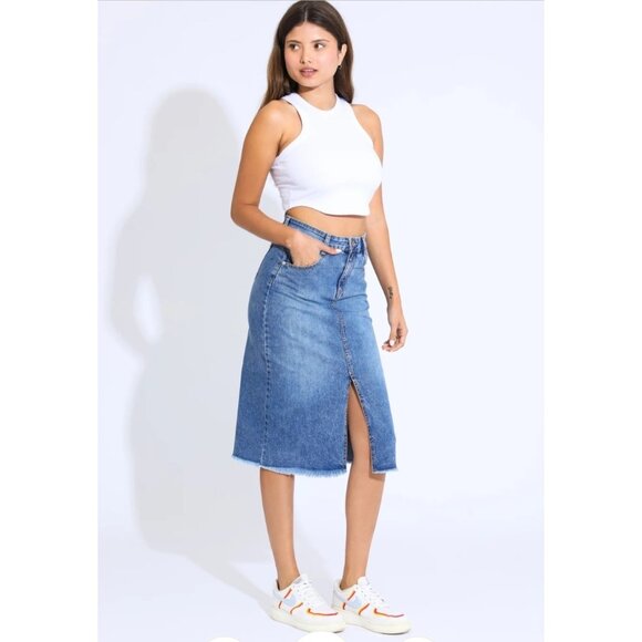 Rewash Denim Fringe Front Slit Midi Skirt size 1 / 25 - Picture 3 of 5
